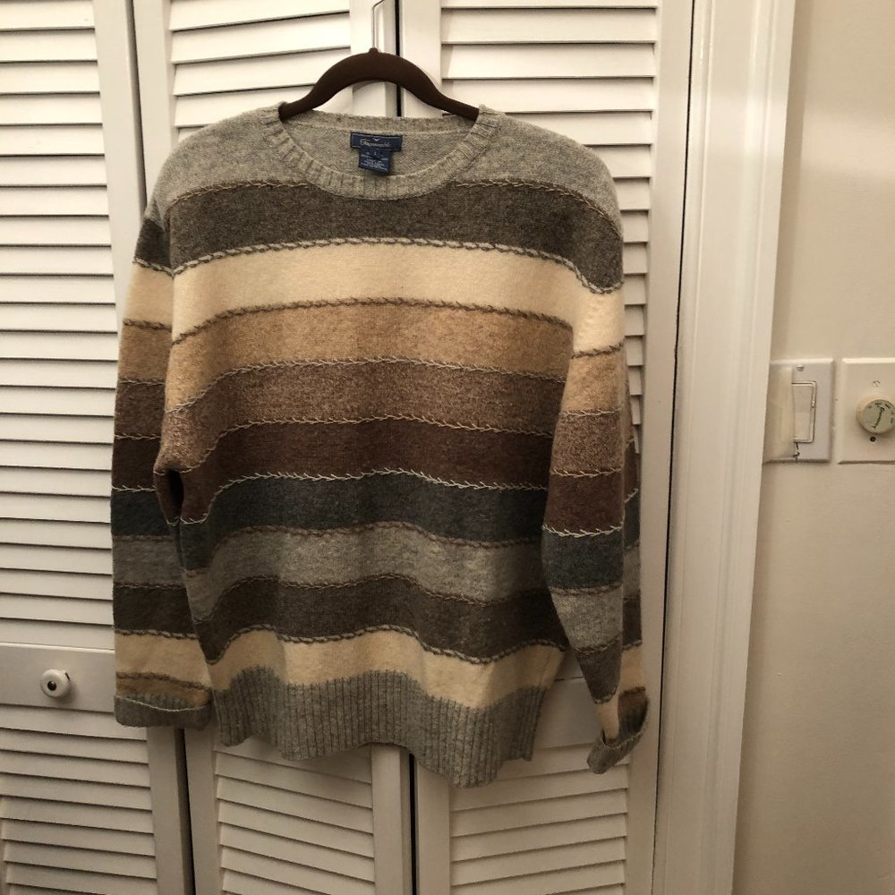 Faconnable men 100% wool beige striped sweater, L
